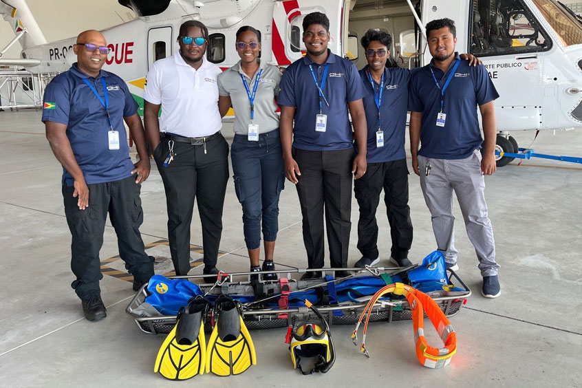 Guyana's first civilian helicopter SAR rear crew Ishwar Parbhu, Daniel Yorris, Johnelle Ogle, Kevin Sawh, Somant Heeralall and Curt Mendonca.